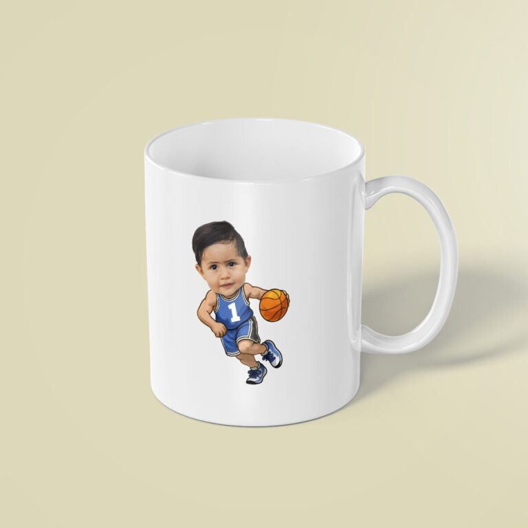 Custom Number 1 Basketball Player Dribbling Face Cutout – Mug Custom Number 1 Basketball Player Dribbling Face Cutout shown on a mug mockup