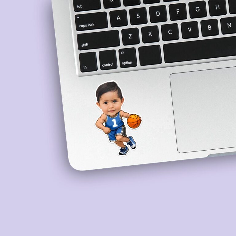Custom Number 1 Basketball Player Dribbling Face Cutout – Sticker Custom Number 1 Basketball Player Dribbling Face Cutout shown on a sticker mockup