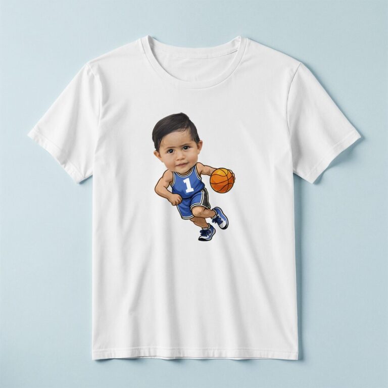 Custom Number 1 Basketball Player Dribbling Face Cutout – T-shirt Custom Number 1 Basketball Player Dribbling Face Cutout shown on a T-shirt mockup