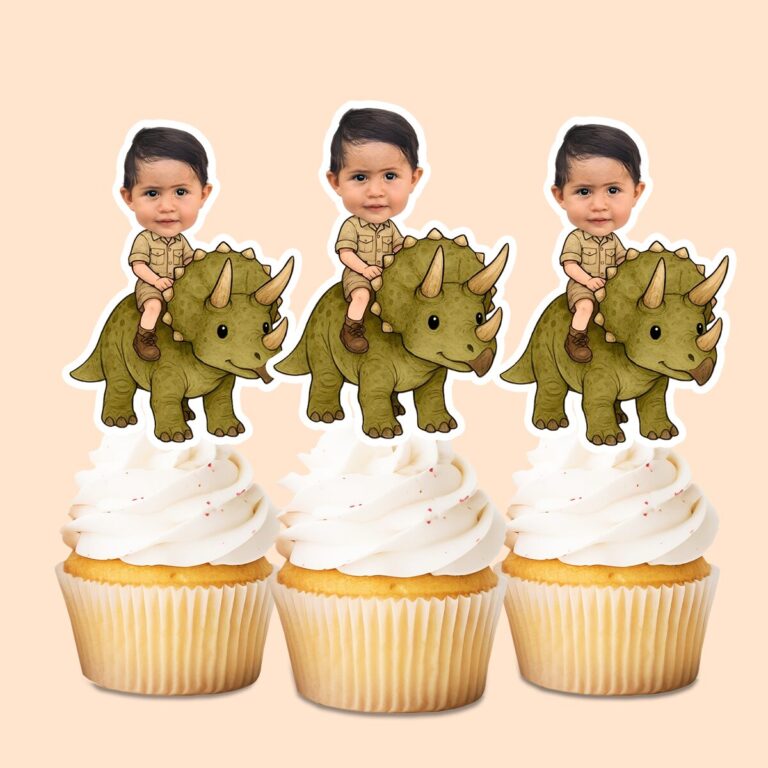 Custom Green Triceratops Explorer Rider Face Cutout – Cupcake Topper Custom Green Triceratops Explorer Rider Face Cutout shown on a cupcake topper mockup