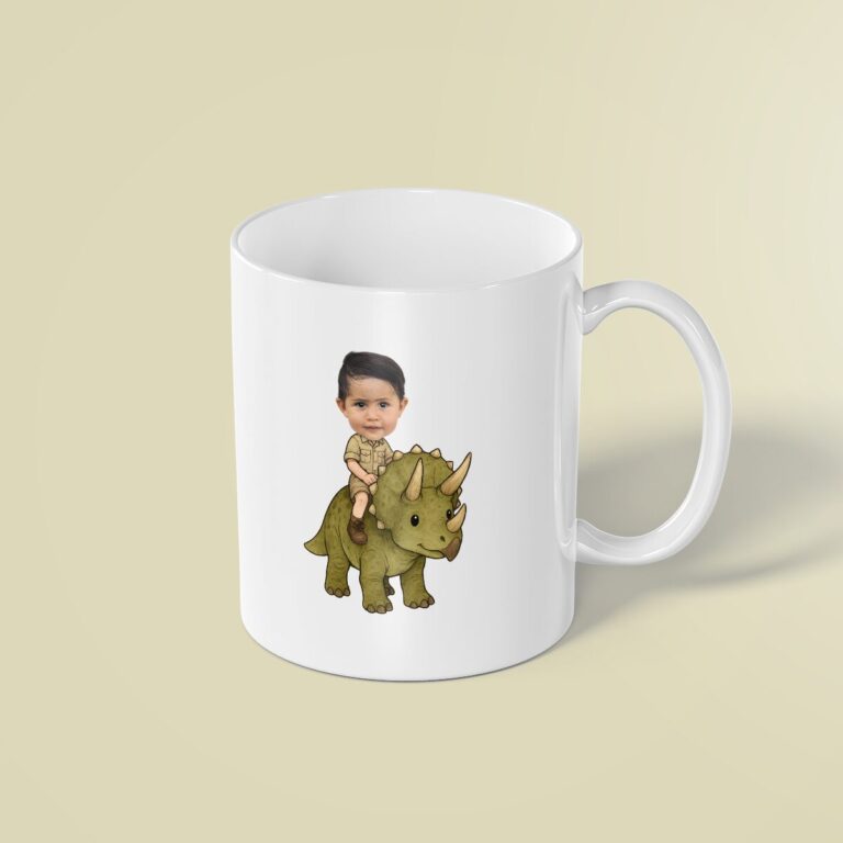 Custom Green Triceratops Explorer Rider Face Cutout – Mug Custom Green Triceratops Explorer Rider Face Cutout shown on a mug mockup