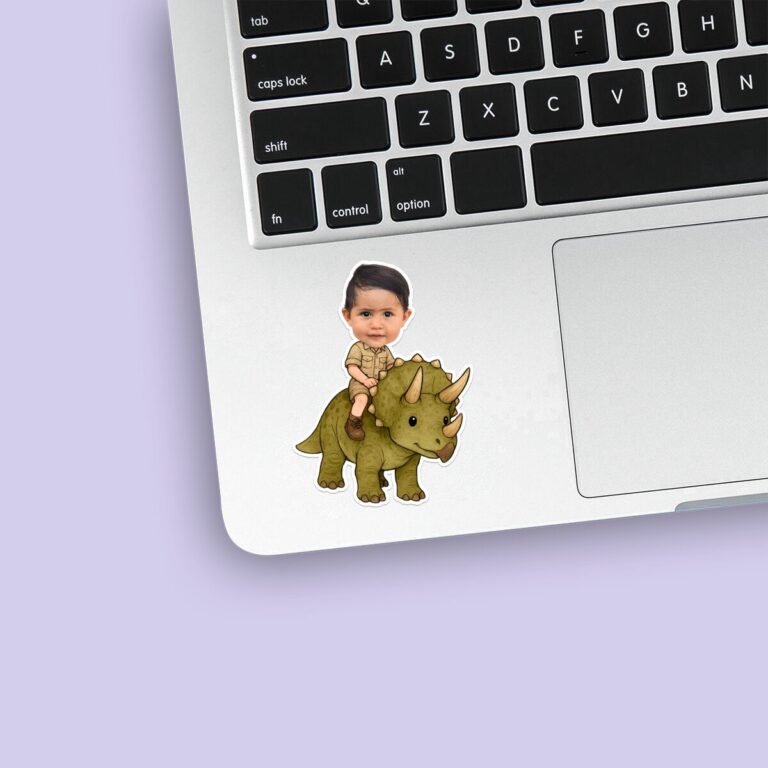 Custom Green Triceratops Explorer Rider Face Cutout – Sticker Custom Green Triceratops Explorer Rider Face Cutout shown on a sticker mockup