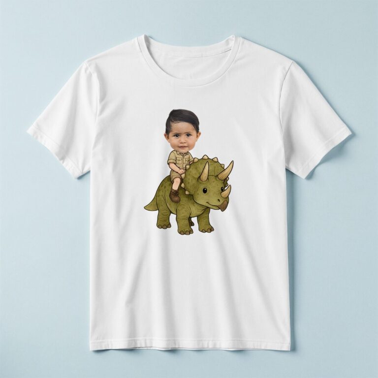 Custom Green Triceratops Explorer Rider Face Cutout – T-shirt Custom Green Triceratops Explorer Rider Face Cutout shown on a T-shirt mockup