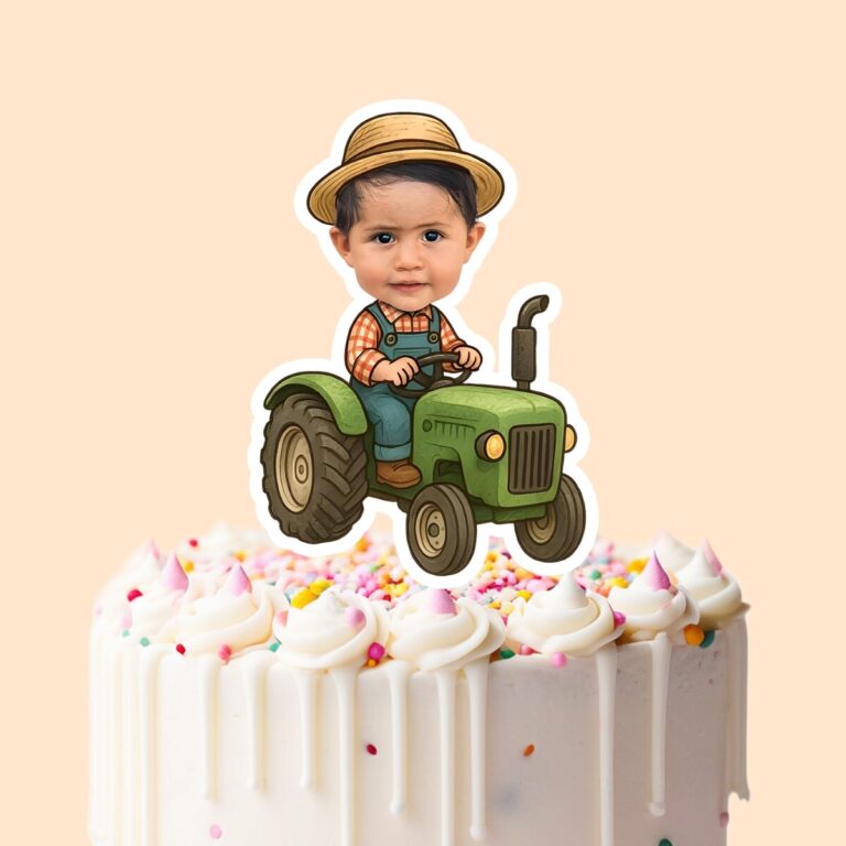 Custom Farmer Driving a Green Tractor Face Cutout – Cake Topper Custom Farmer Driving a Green Tractor Face Cutout shown on a cake topper mockup