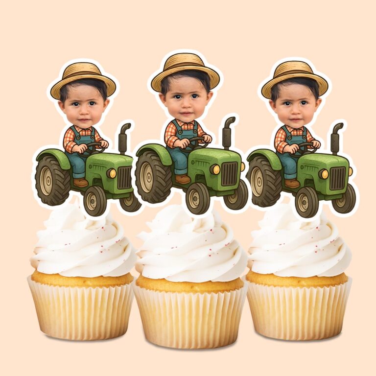 Custom Farmer Driving a Green Tractor Face Cutout – Cupcake Topper Custom Farmer Driving a Green Tractor Face Cutout shown on a cupcake topper mockup