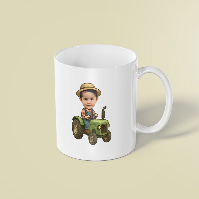 Custom Farmer Driving a Green Tractor Face Cutout – Mug Custom Farmer Driving a Green Tractor Face Cutout shown on a mug mockup