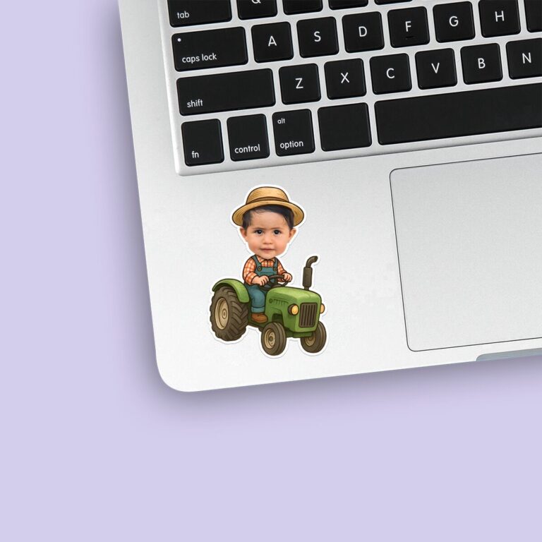 Custom Farmer Driving a Green Tractor Face Cutout – Sticker Custom Farmer Driving a Green Tractor Face Cutout shown on a sticker mockup