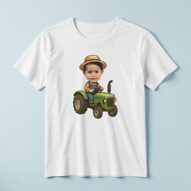 Custom Farmer Driving a Green Tractor Face Cutout – T-shirt Custom Farmer Driving a Green Tractor Face Cutout shown on a T-shirt mockup