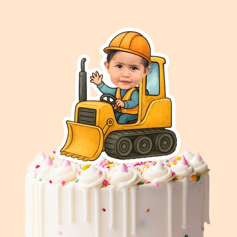 Custom Bulldozer Driver Waving Face Cutout – Cake Topper Custom Bulldozer Driver Waving Face Cutout shown on a cake topper mockup