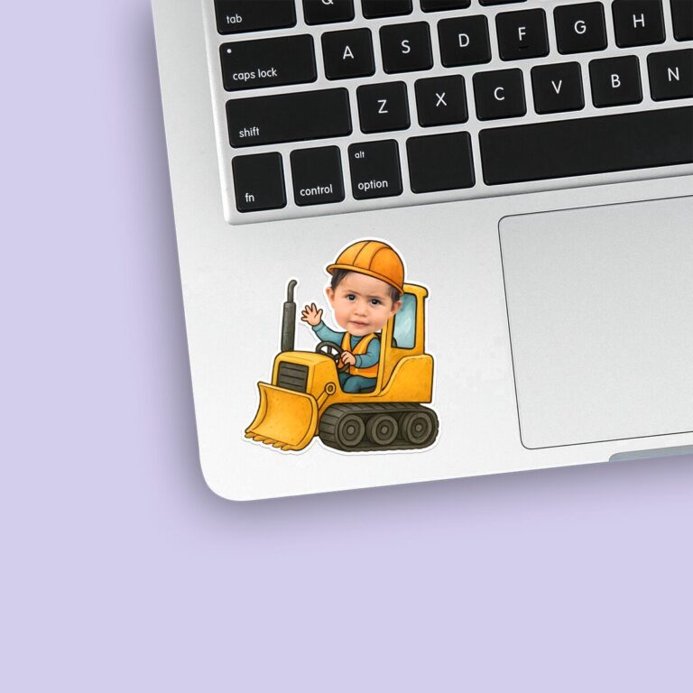 Custom Bulldozer Driver Waving Face Cutout – Sticker Custom Bulldozer Driver Waving Face Cutout shown on a sticker mockup