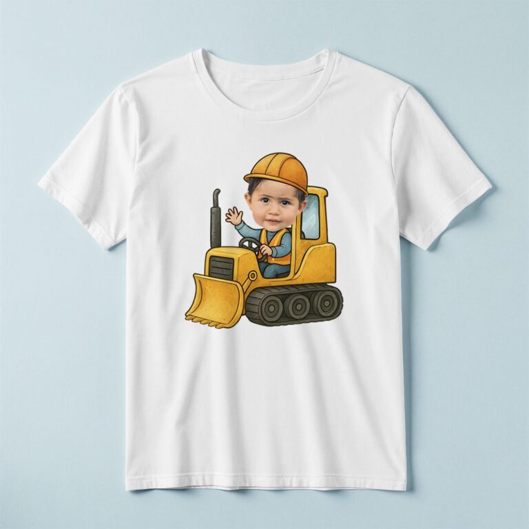 Custom Bulldozer Driver Waving Face Cutout – T-shirt Custom Bulldozer Driver Waving Face Cutout shown on a T-shirt mockup