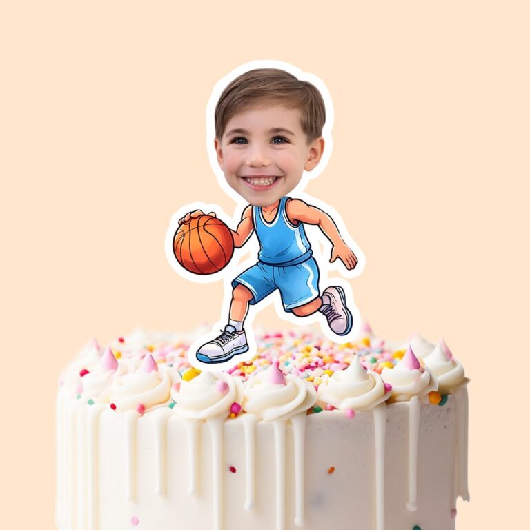 Custom Basketball Player Dribbling Face Cutout – Cake Topper Custom Basketball Player Dribbling Face Cutout shown on a cake topper mockup