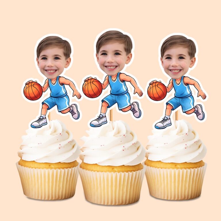 Custom Basketball Player Dribbling Face Cutout – Cupcake Topper Custom Basketball Player Dribbling Face Cutout shown on a cupcake topper mockup