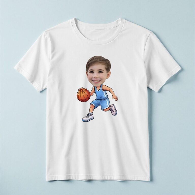 Custom Basketball Player Dribbling Face Cutout – T-shirt Custom Basketball Player Dribbling Face Cutout shown on a T-shirt mockup