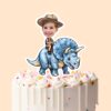 Custom Blue Triceratops Brown Safari Hat Face Cutout – Cake Topper Custom Blue Triceratops Brown Safari Hat Face Cutout shown on a cake topper mockup