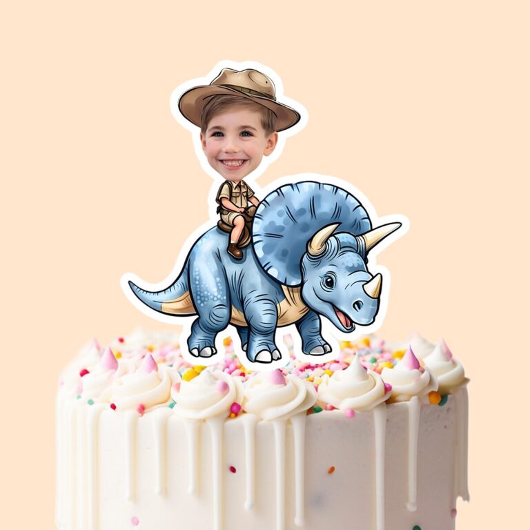 Custom Blue Triceratops Brown Safari Hat Face Cutout – Cake Topper Custom Blue Triceratops Brown Safari Hat Face Cutout shown on a cake topper mockup