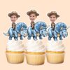 Custom Blue Triceratops Brown Safari Hat Face Cutout – Cupcake Topper Custom Blue Triceratops Brown Safari Hat Face Cutout shown on a cupcake topper mockup