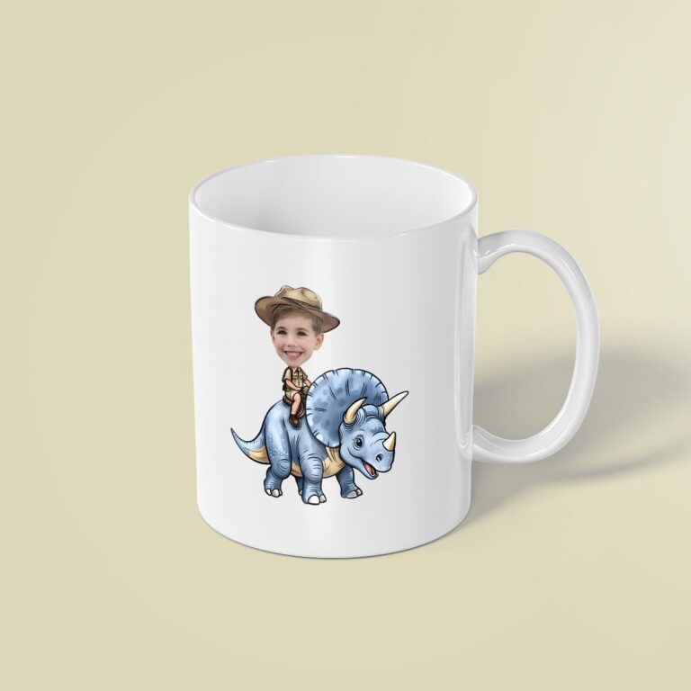 Custom Blue Triceratops Brown Safari Hat Face Cutout – Mug Custom Blue Triceratops Brown Safari Hat Face Cutout shown on a mug mockup