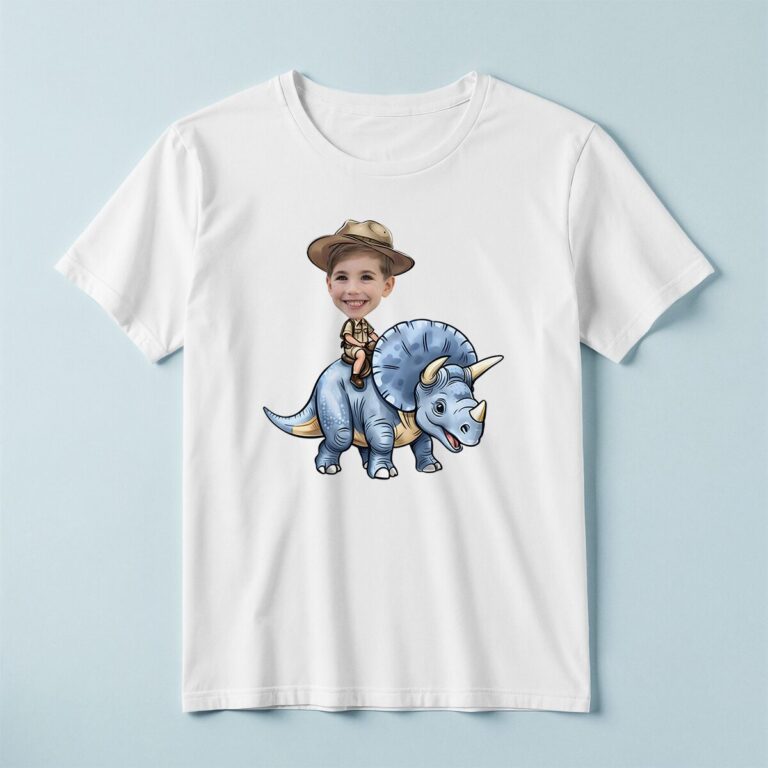 Custom Blue Triceratops Brown Safari Hat Face Cutout – T-shirt Custom Blue Triceratops Brown Safari Hat Face Cutout shown on a T-shirt mockup