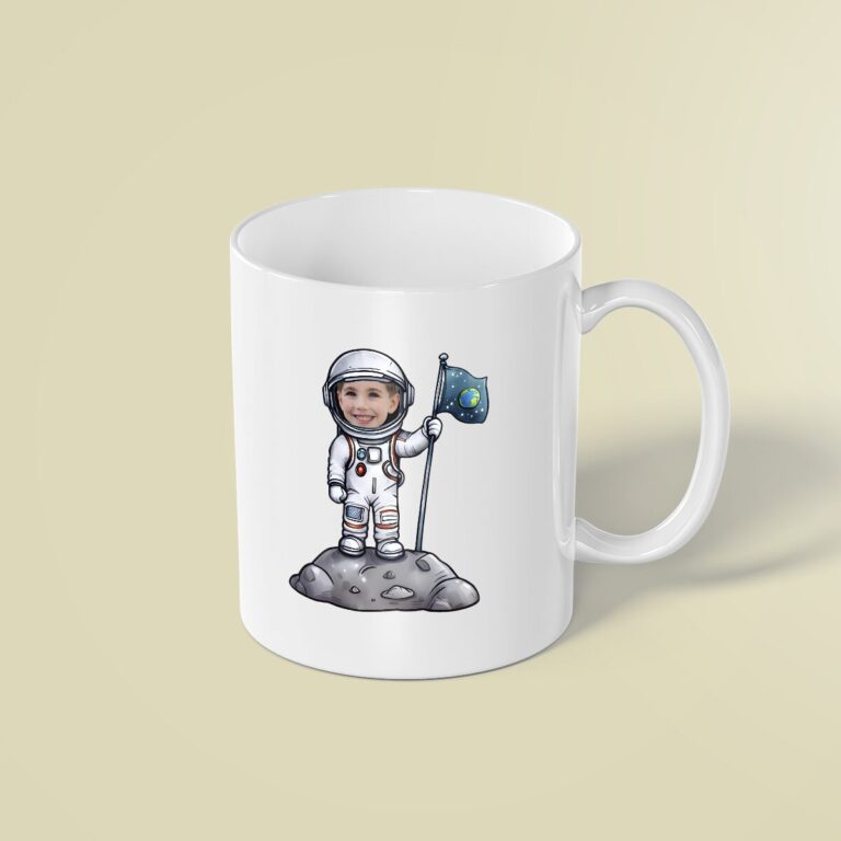 Custom Astronaut Planting a Space Flag Face Cutout – Mug Custom Astronaut Planting a Space Flag Face Cutout shown on a mug mockup