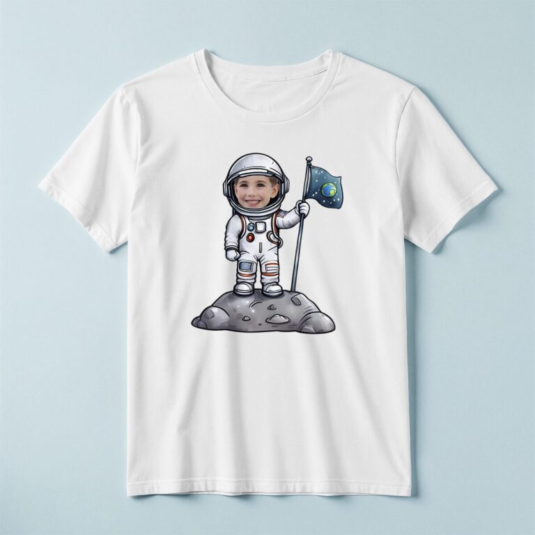 Custom Astronaut Planting a Space Flag Face Cutout – T-shirt Custom Astronaut Planting a Space Flag Face Cutout shown on a T-shirt mockup
