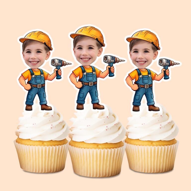 Custom Construction Worker Holding a Drill Face Cutout – Cupcake Topper Custom Construction Worker Holding a Drill Face Cutout shown on a cupcake topper mockup
