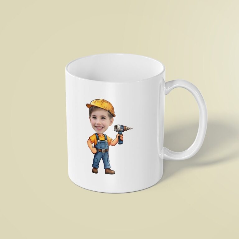 Custom Construction Worker Holding a Drill Face Cutout – Mug Custom Construction Worker Holding a Drill Face Cutout shown on a mug mockup