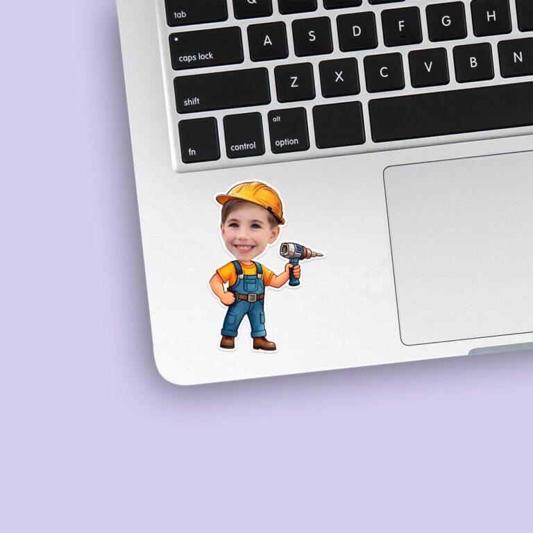 Custom Construction Worker Holding a Drill Face Cutout – Sticker Custom Construction Worker Holding a Drill Face Cutout shown on a sticker mockup