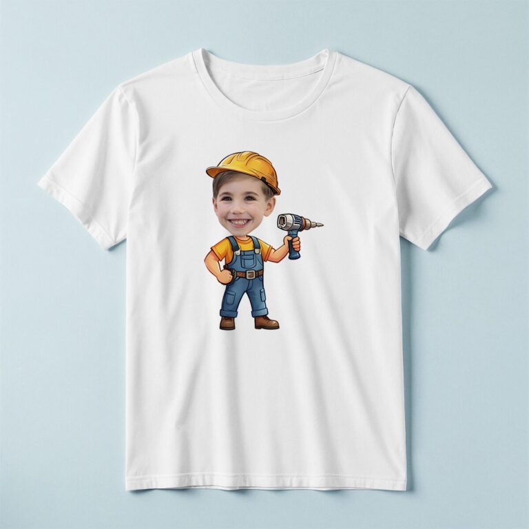 Custom Construction Worker Holding a Drill Face Cutout – T-shirt Custom Construction Worker Holding a Drill Face Cutout shown on a T-shirt mockup
