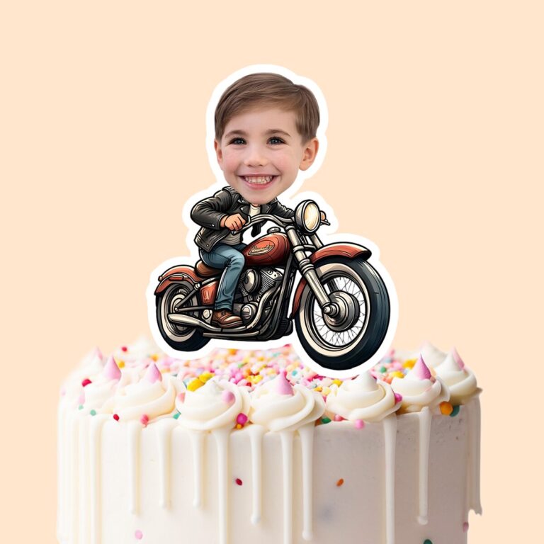 Custom Rider on a Classic Motorcycle Face Cutout – Cake Topper Custom Rider on a Classic Motorcycle Face Cutout shown on a cake topper mockup