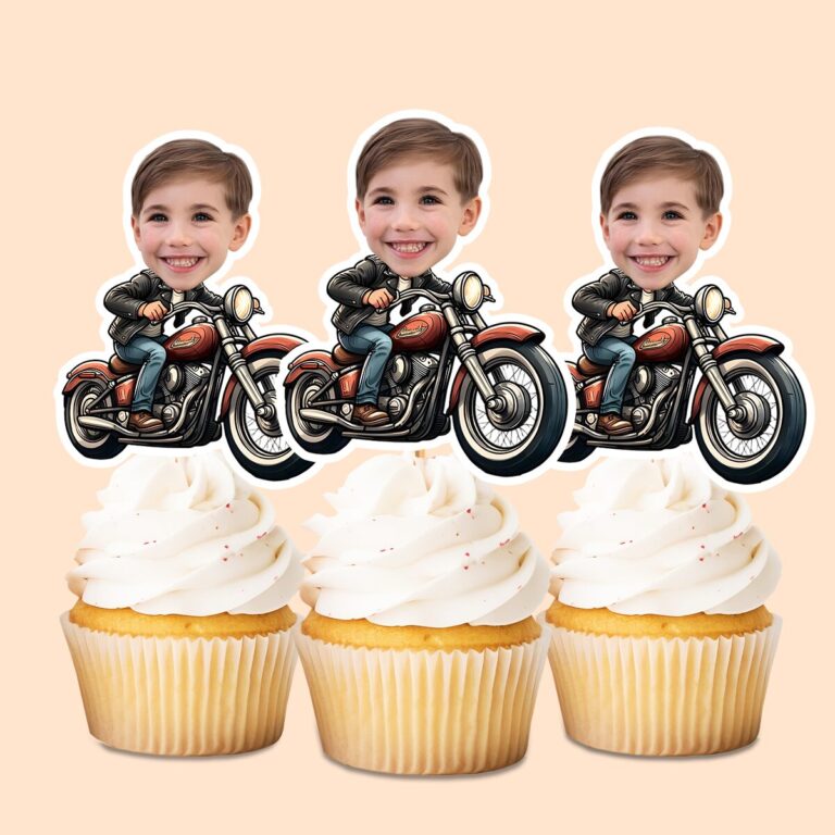 Custom Rider on a Classic Motorcycle Face Cutout – Cupcake Topper Custom Rider on a Classic Motorcycle Face Cutout shown on a cupcake topper mockup