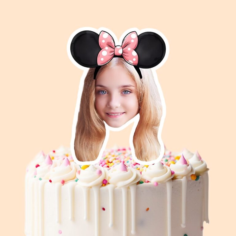Custom Pink Polka-Dot Round-Ear Bow Portrait Face Cutout – Cake Topper Custom Pink Polka-Dot Round-Ear Bow Portrait Face Cutout shown on a cake topper mockup