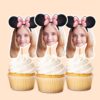 Custom Pink Polka-Dot Round-Ear Bow Portrait Face Cutout – Cupcake Topper Custom Pink Polka-Dot Round-Ear Bow Portrait Face Cutout shown on a cupcake topper mockup