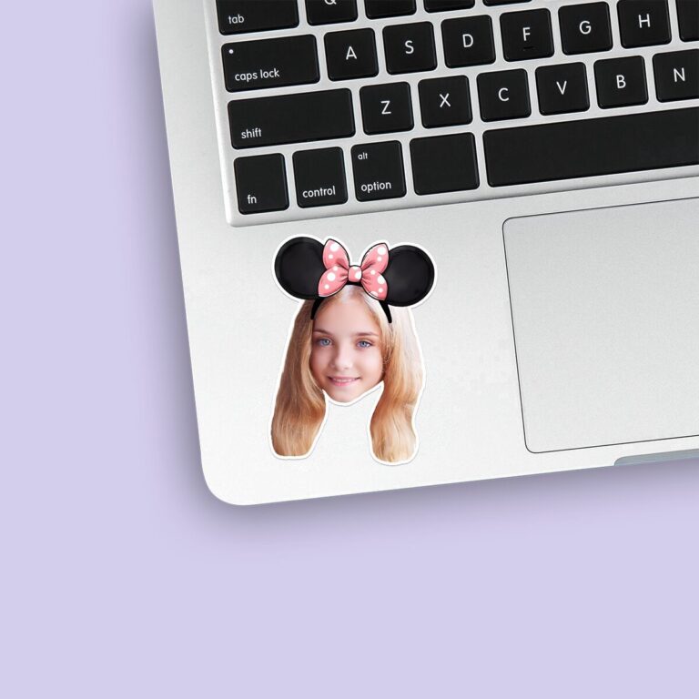 Custom Pink Polka-Dot Round-Ear Bow Portrait Face Cutout – Sticker Custom Pink Polka-Dot Round-Ear Bow Portrait Face Cutout shown on a sticker mockup