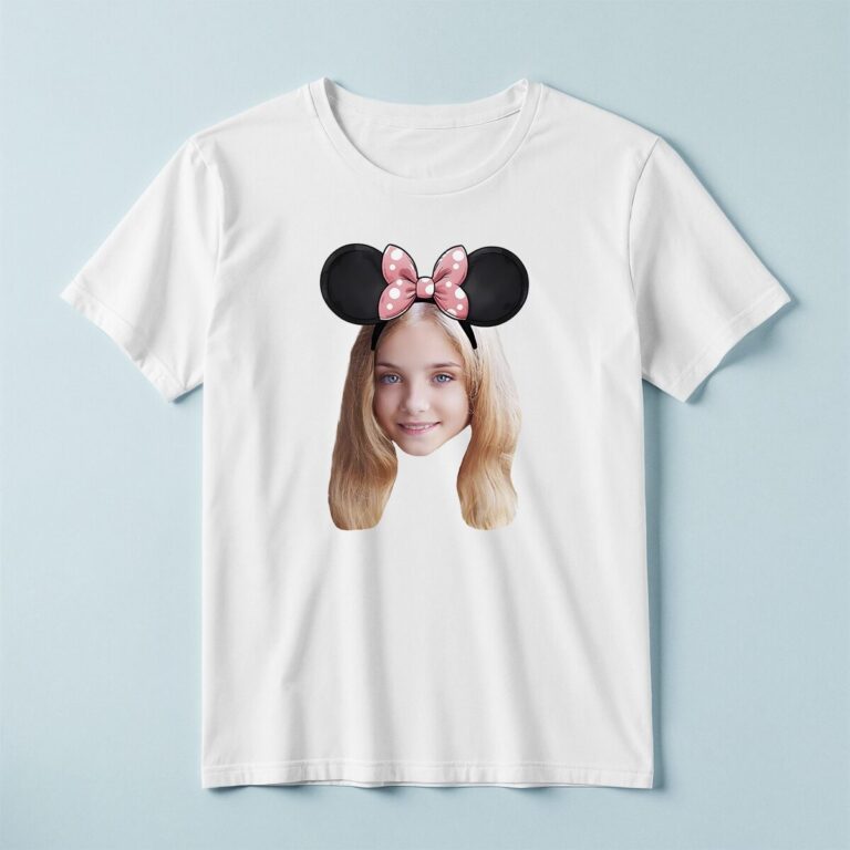 Custom Pink Polka-Dot Round-Ear Bow Portrait Face Cutout – T-shirt Custom Pink Polka-Dot Round-Ear Bow Portrait Face Cutout shown on a T-shirt mockup