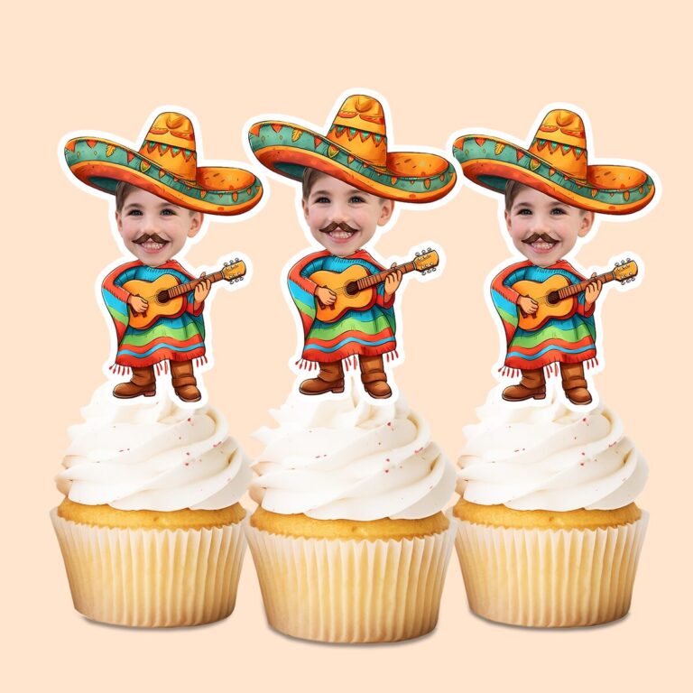 Custom Fiesta Guitarist in a Sombrero Face Cutout – Cupcake Topper Custom Fiesta Guitarist in a Sombrero Face Cutout shown on a cupcake topper mockup