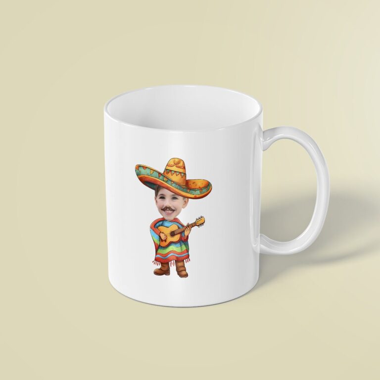 Custom Fiesta Guitarist in a Sombrero Face Cutout – Mug Custom Fiesta Guitarist in a Sombrero Face Cutout shown on a mug mockup