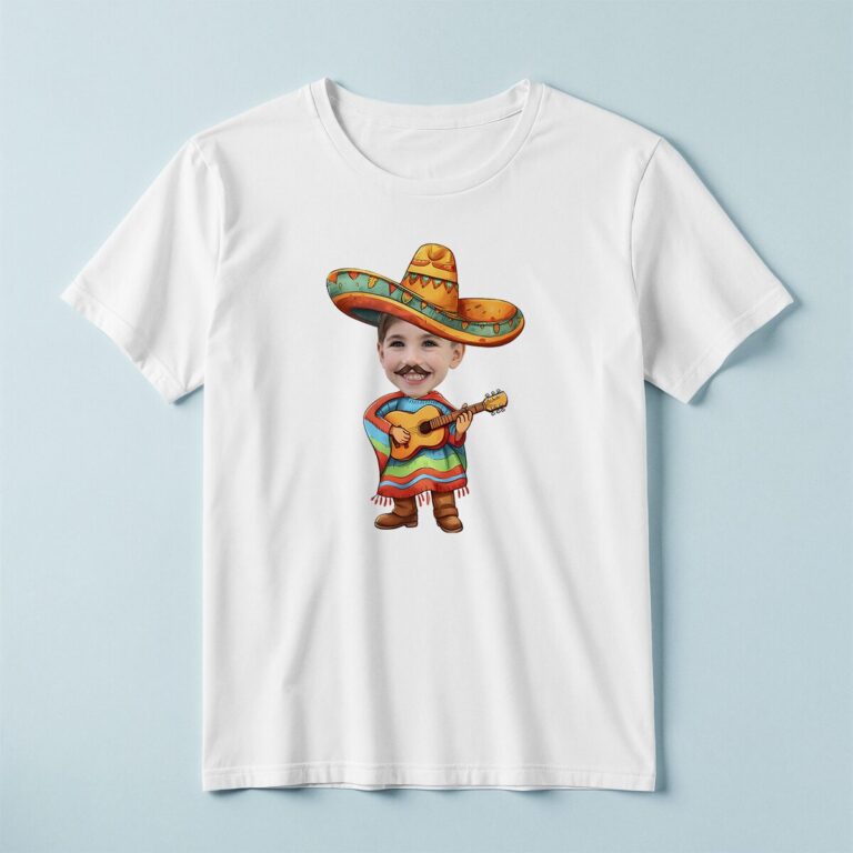 Custom Fiesta Guitarist in a Sombrero Face Cutout – T-shirt Custom Fiesta Guitarist in a Sombrero Face Cutout shown on a T-shirt mockup