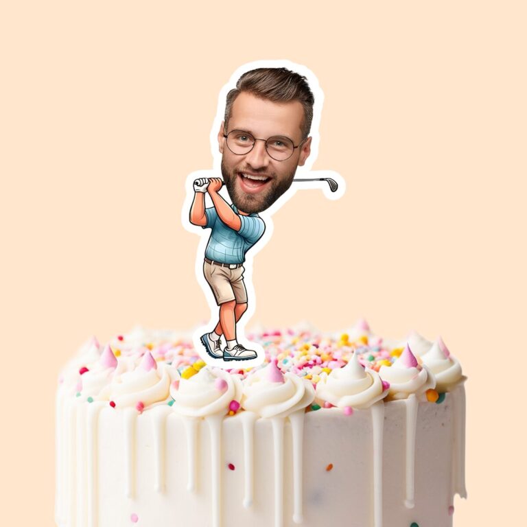 Custom Golfer Completing Light Blue Polo Face Cutout – Cake Topper Custom Golfer Completing Light Blue Polo Face Cutout shown on a cake topper mockup