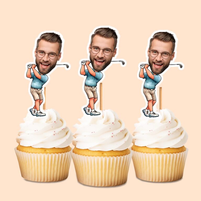 Custom Golfer Completing Light Blue Polo Face Cutout – Cupcake Topper Custom Golfer Completing Light Blue Polo Face Cutout shown on a cupcake topper mockup