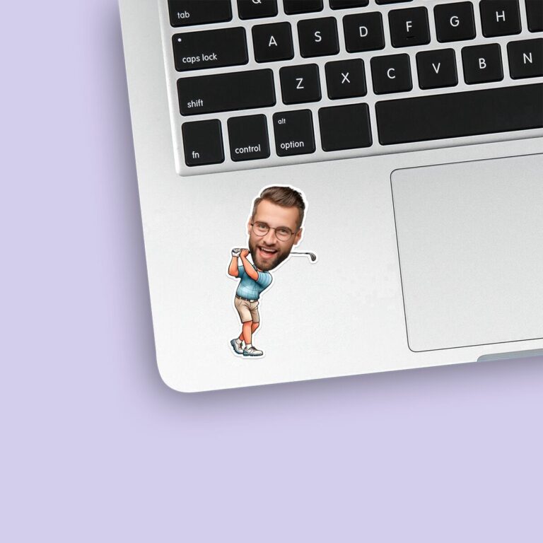 Custom Golfer Completing Light Blue Polo Face Cutout – Sticker Custom Golfer Completing Light Blue Polo Face Cutout shown on a sticker mockup