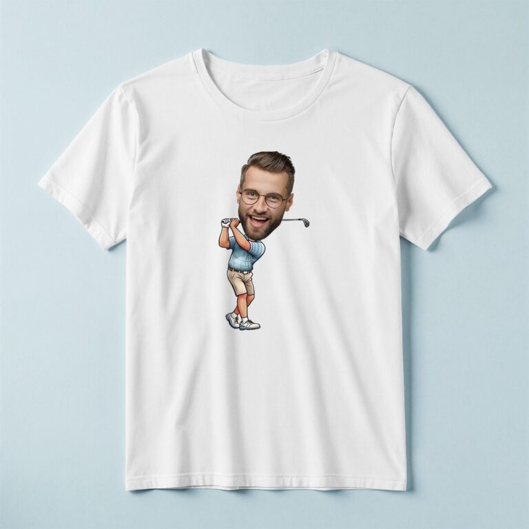Custom Golfer Completing Light Blue Polo Face Cutout – T-shirt Custom Golfer Completing Light Blue Polo Face Cutout shown on a T-shirt mockup