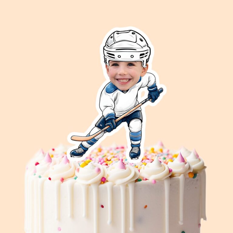 Custom Ice Hockey Skater Handling a Puck Face Cutout – Cake Topper Custom Ice Hockey Skater Handling a Puck Face Cutout shown on a cake topper mockup