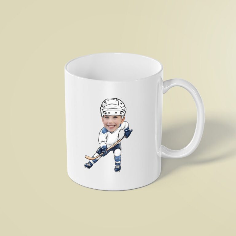 Custom Ice Hockey Skater Handling a Puck Face Cutout – Mug Custom Ice Hockey Skater Handling a Puck Face Cutout shown on a mug mockup