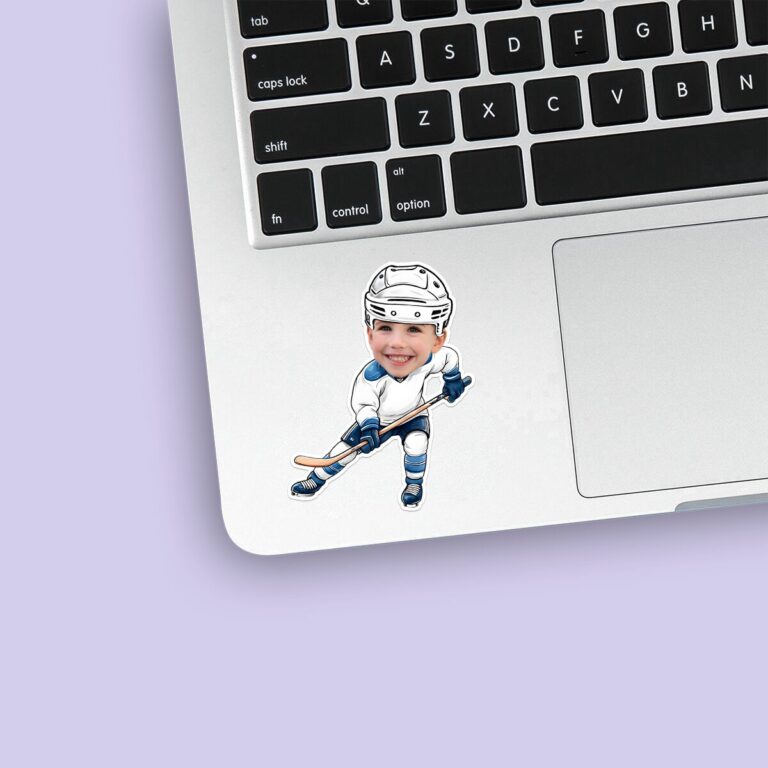 Custom Ice Hockey Skater Handling a Puck Face Cutout – Sticker Custom Ice Hockey Skater Handling a Puck Face Cutout shown on a sticker mockup