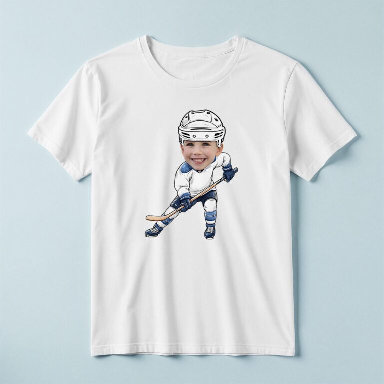 Custom Ice Hockey Skater Handling a Puck Face Cutout – T-shirt Custom Ice Hockey Skater Handling a Puck Face Cutout shown on a T-shirt mockup