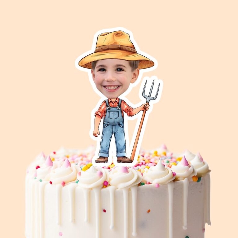 Custom Farmer Holding Wide Straw Hat Red Check Face Cutout – Cake Topper Custom Farmer Holding Wide Straw Hat Red Check Face Cutout shown on a cake topper mockup