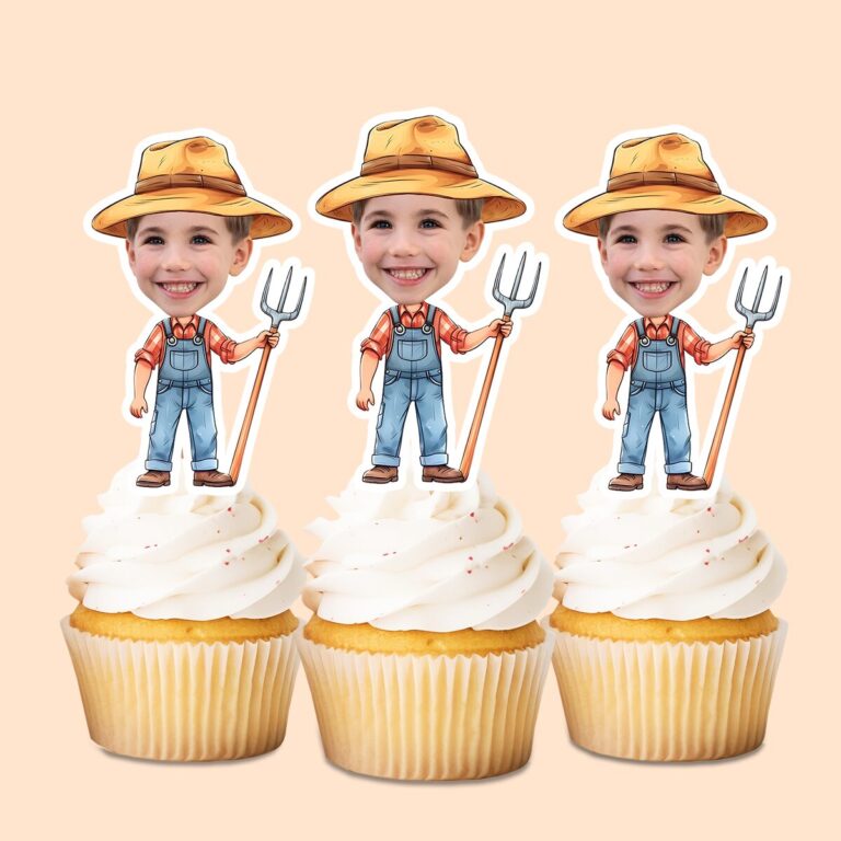Custom Farmer Holding Wide Straw Hat Red Check Face Cutout – Cupcake Topper Custom Farmer Holding Wide Straw Hat Red Check Face Cutout shown on a cupcake topper mockup