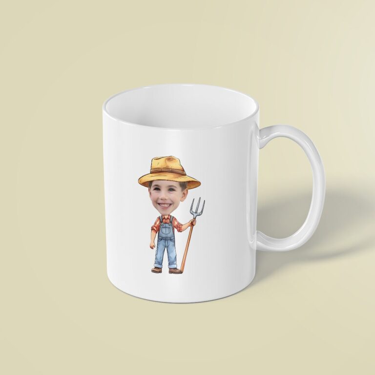 Custom Farmer Holding Wide Straw Hat Red Check Face Cutout – Mug Custom Farmer Holding Wide Straw Hat Red Check Face Cutout shown on a mug mockup