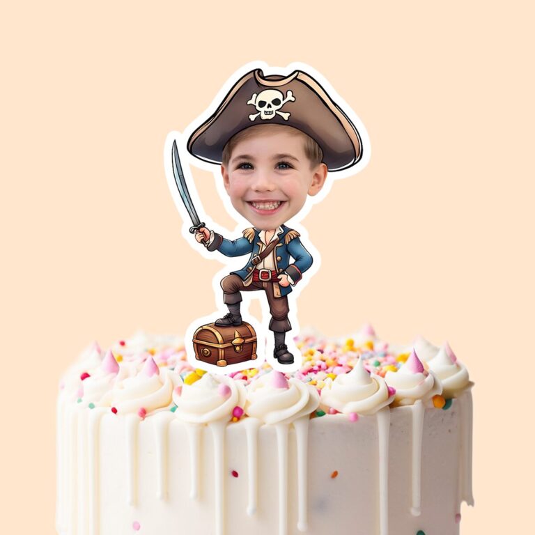 Custom Blue-Coated Pirate with Sword and Chest Face Cutout – Cake Topper Custom Blue-Coated Pirate with Sword and Chest Face Cutout shown on a cake topper mockup